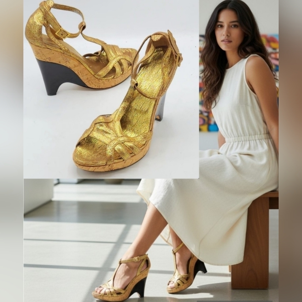 BCBGMaxAzria Gold Metallic Wedge Sandals
